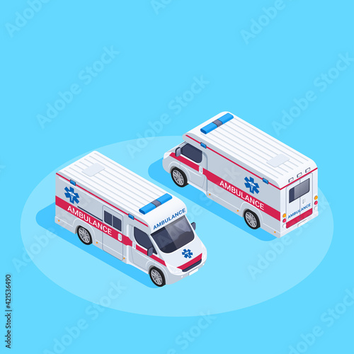 isometric vector illustration on blue background, ambulance car front and back view