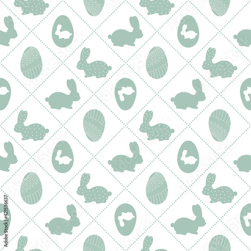 Easter seamless pattern with icons of painted eggs and rabbits. Egg hunt vector illustrations  christianity traditional celebration wallpaper. olive color