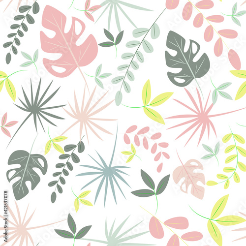 Seamless background with leaves of light shades. Repeating delicate pattern. Different leaves in a chaotic manner. Blossom pattern. Vector.