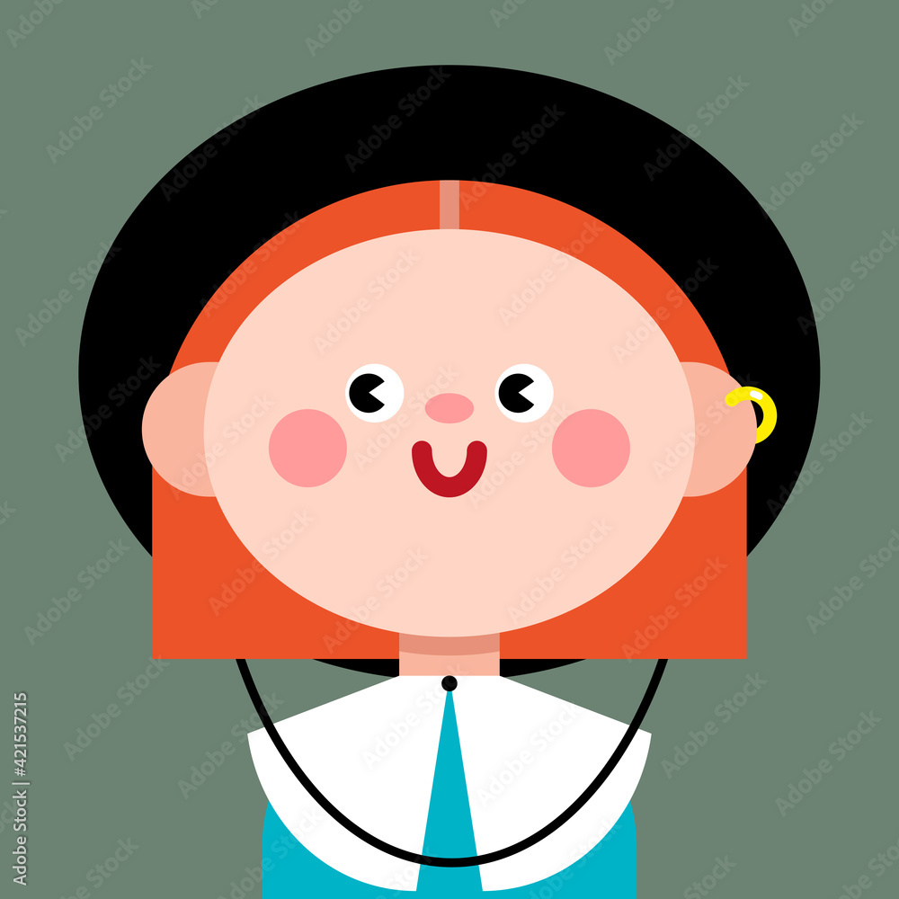 Obraz premium A red-haired girl in a black hat. Dressed in a dress with a white collar. Cute comic character. Abstract cartoon style, vector illustration, isolate. International Women's Day, March 8. A feminist. 