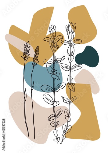 Poster in eigentijdse minimalistische boho-stijl met geometrische abstracte vormen en silhouetten van plantencontouren.