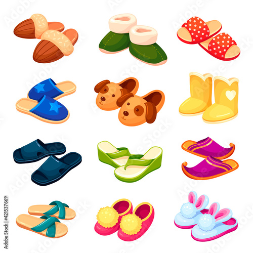 Set colorful cartoon funny house slippers vector home footwear with cute animal muzzle foot garment
