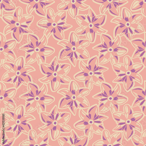Vector ecru pink purple flowers seamless pattern  © Dotsby
