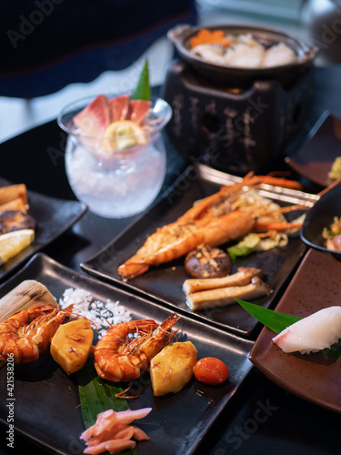 Japanese Menu - Variety of Japanese food - Fish hotpot, Grilled River prawn, Seafood Teppanyaki, Gyudon, Shrimp Skewer and Suzuki Sashimi