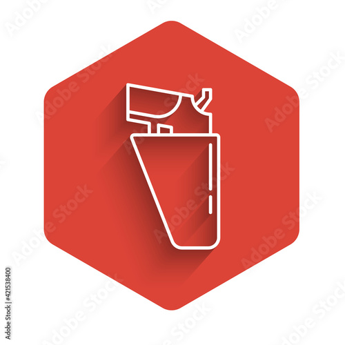 White line Revolver gun in holster icon isolated with long shadow. Red hexagon button. Vector
