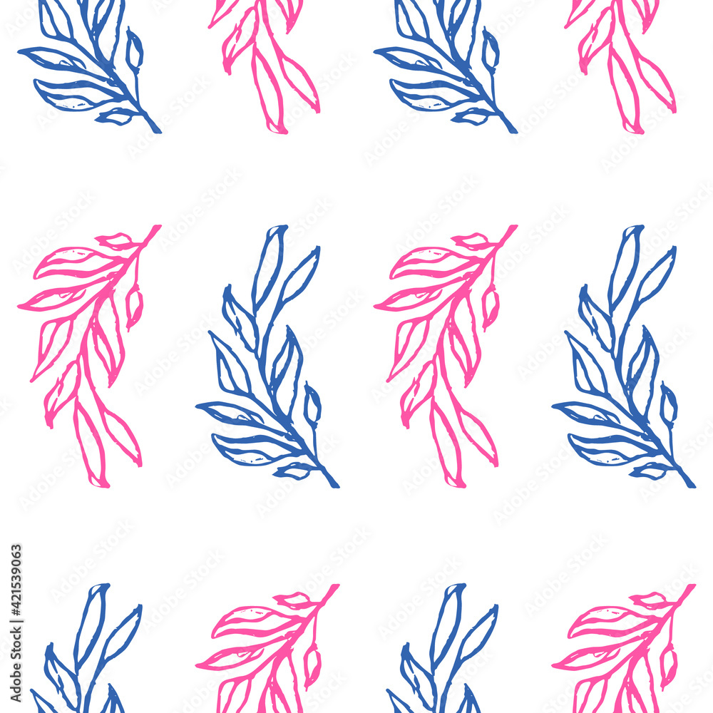 Vector seamless pattern of wild twigs and leaves of blue and pink. Botanical background on a white background. Great for printing on fabric and paper.