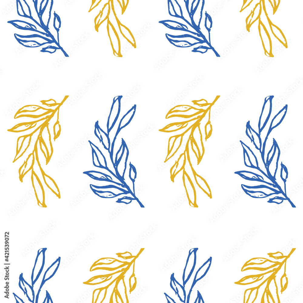 Vector seamless pattern of wild twigs and leaves of blue and yellow. Botanical background on a white background. Great for printing on fabric and paper.