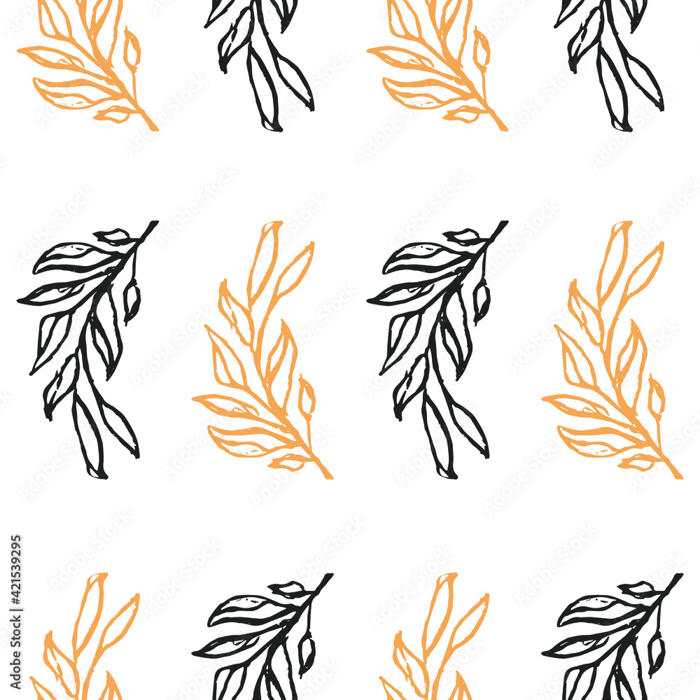 Vector seamless pattern of wild twigs and leaves of black and beige. Botanical background on a white background. Great for printing on fabric and paper.