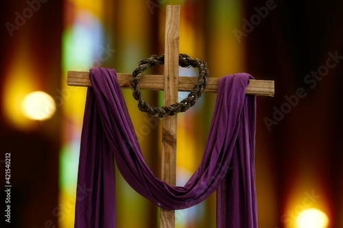 Tablou canvas wooden cross, crown of thorns and purple fabric