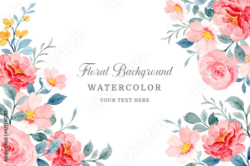 Watercolor floral background. Beautiful red and pink flower frame