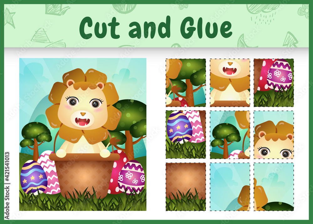 Fototapeta premium Children board game cut and glue themed easter with a cute lion in the bucket egg