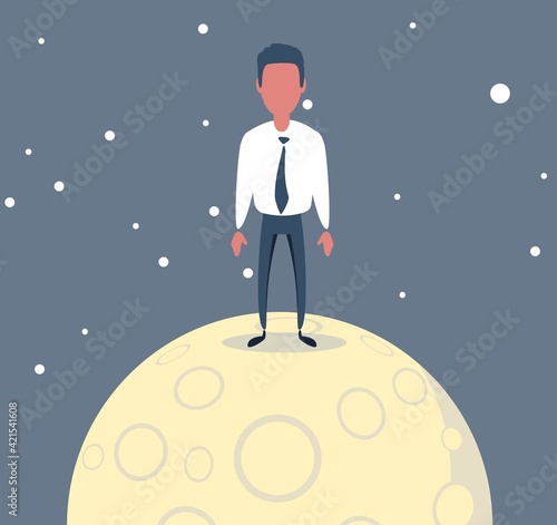 A lonely man is sitting on a big bright full moon at night alone. thinking mind.