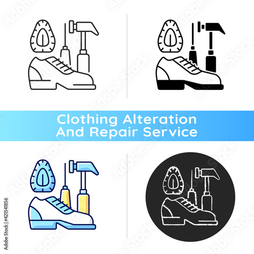 Shoe repair and reconditioning black linear icon. Instruments to fix boots. Garment restoration. Clothing alteration and repair services. Outline symbol on white space. Vector isolated illustration