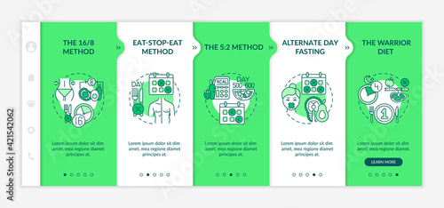 Dieting patterns onboarding vector template. Intermittent fasting strategies. The warrior diet. Responsive mobile website with icons. Webpage walkthrough step screens. RGB color concept