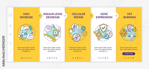 Healthy dieting effects onboarding vector template. Fat burning. Intermittent fasting. Insulin level decrease. Responsive mobile website with icons. Webpage walkthrough step screens. RGB color concept