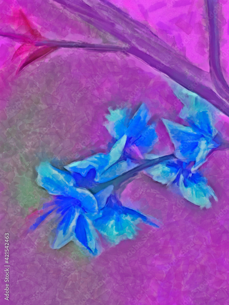 blue flowers on purple pink crimson background watercolor abstraction pastel acrylic pattern