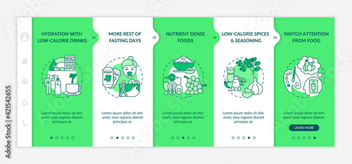 Intermittent fasting strategy onboarding vector template. Low calorie seasoning. Switch attention from food. Responsive mobile website with icons. Webpage walkthrough step screens. RGB color concept