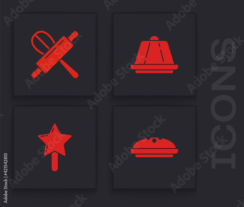 Set Homemade pie, Kitchen whisk and rolling pin, Pudding custard and Lollipop icon. Vector