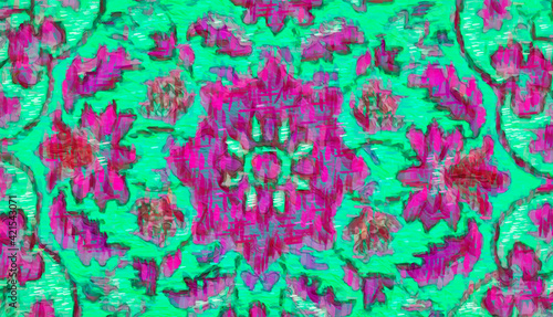 folk pink crimson purple pattern on green turquoise background watercolor acrylic abstraction pattern photo