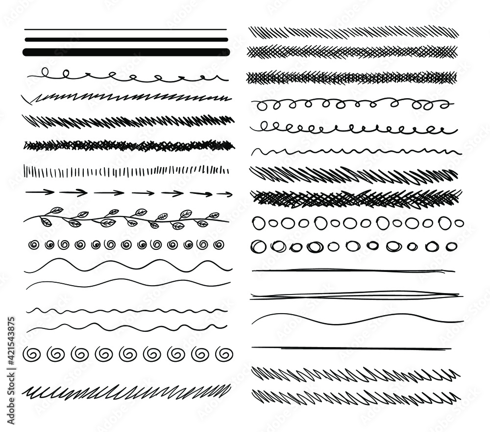 Vector set of doodle sketches, scribble lines, design elements isolated on white background, hand drawn deviding lines.
Vector set of doodle sketches, scribble lines, design elements isolated on white background, hand drawn deviding lines.