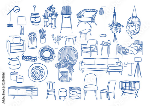 set of vector furniture illustration. collection of furniture sketches. interior design decor. 