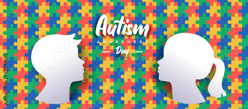 Autism Awareness Day papercut kid puzzle banner