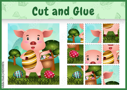 Children board game cut and glue themed easter with a cute pig holding the bucket egg and easter egg
