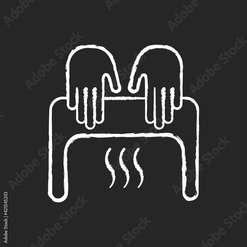 Automatic hand dryer chalk white icon on black background. User never touches device and it saves energy since it stops running when person removes hands. Isolated vector chalkboard illustration