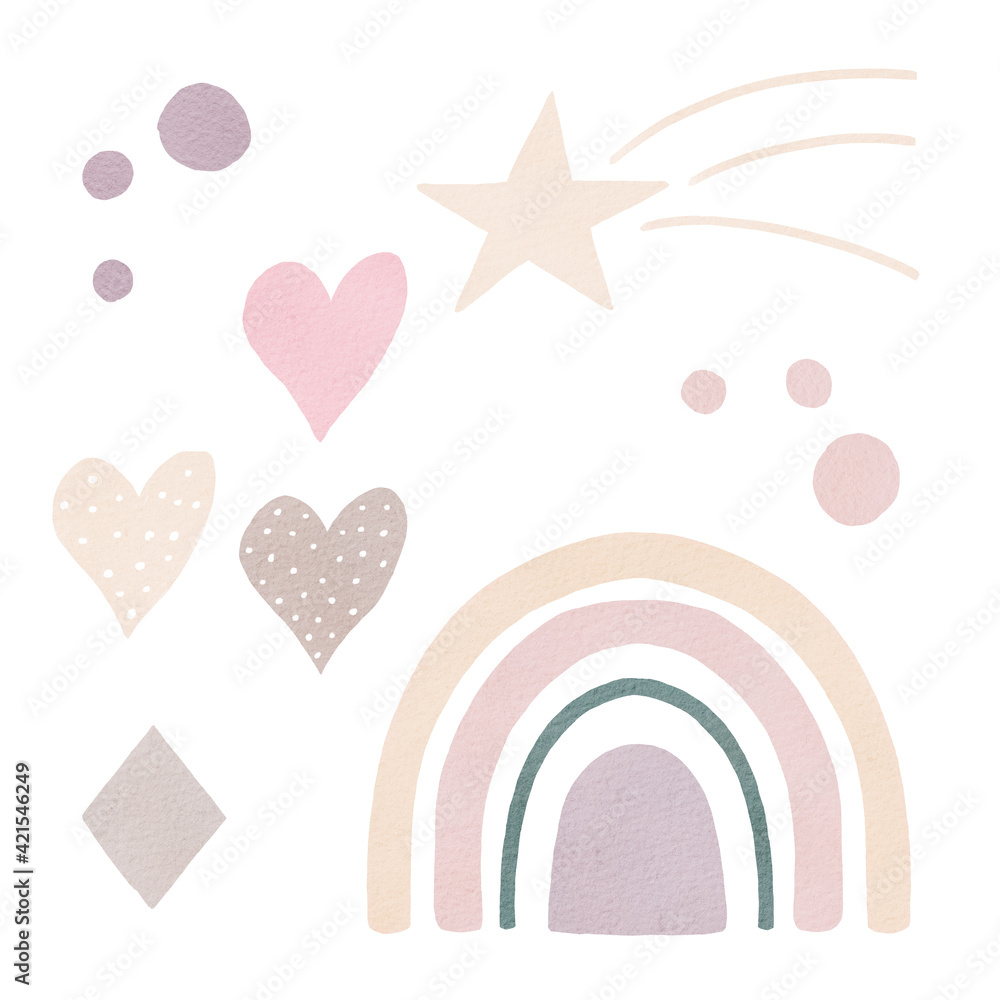 Neutral color rainbow watercolor clipart set with hearts, star and decorative elements. Illustration in trendy style.