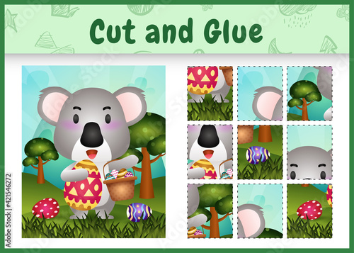 Children board game cut and glue themed easter with a cute koala holding the bucket egg and easter egg photo