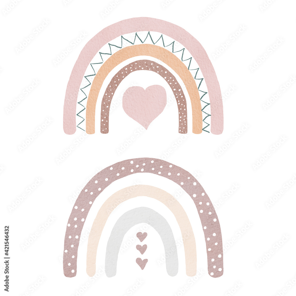 Watercolor hand drawn neutral boho rainbow clipart set. Contemporary art. Nursery illustration.