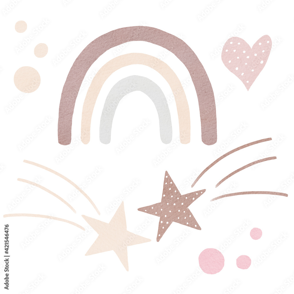 Watercolor set of hand painted pink rainbows. Illustration isolated on white background. Design for logo, baby textile.