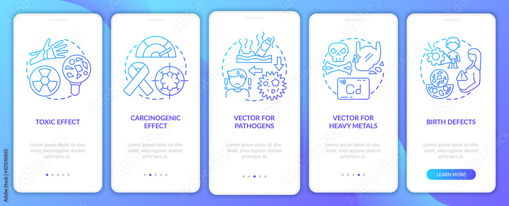 Microplastics health effects onboarding mobile app page screen with concepts. Vector for pathogens walkthrough 5 steps graphic instructions. UI vector template with RGB color illustrations