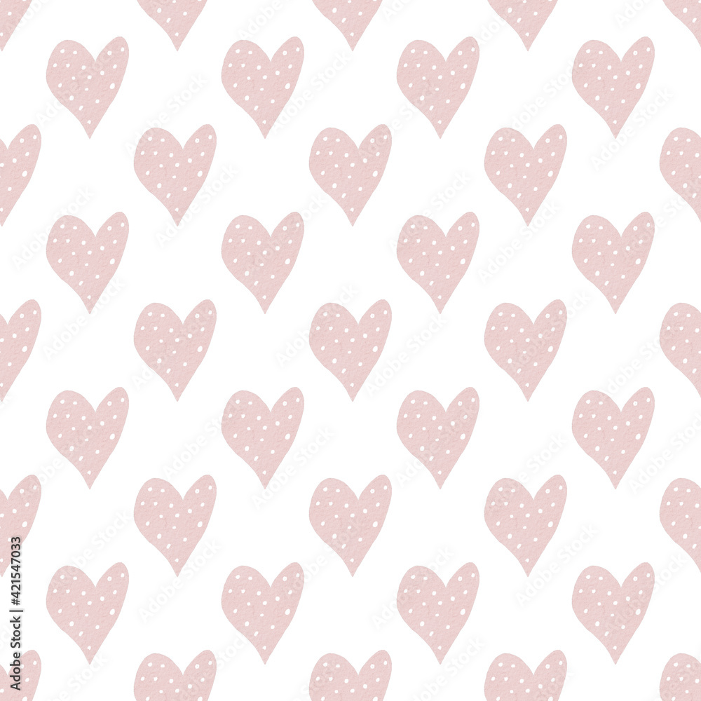 Watercolor hearts digital paper. Hand painted clipart. Seamless pattern isolated on white background.