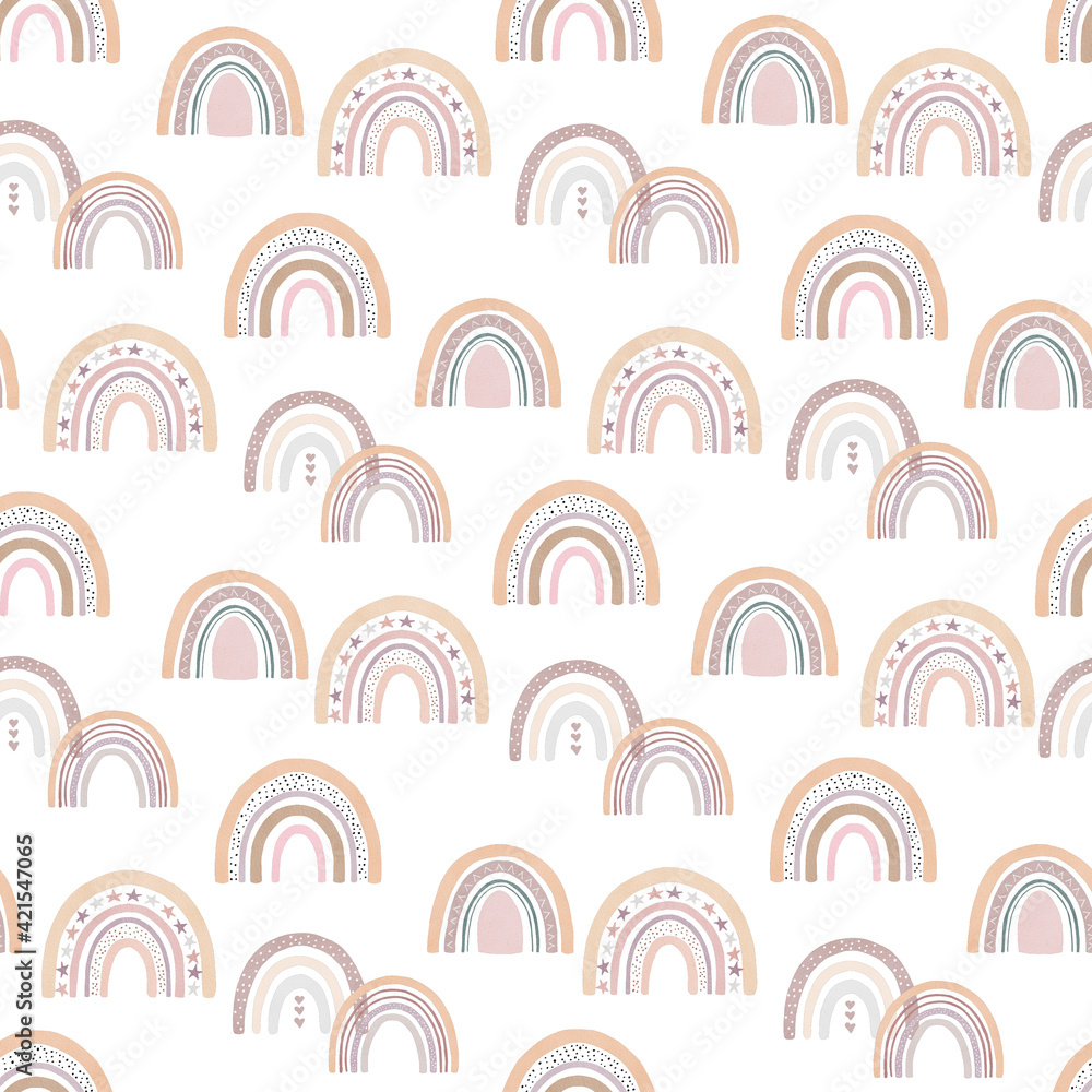 Boho rainbow hand painted watercolor digital paper. Seamless pattern clipart isolated on white background.