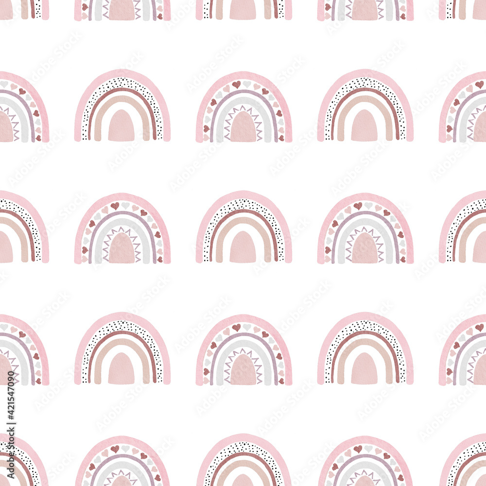 Scandinavian boho rainbow watercolor digital paper. Seamless pattern clipart isolated on white background.