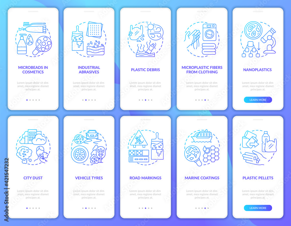 Microplastics sources onboarding mobile app page screen with concepts. Microplastic fibers from clothing walkthrough 10 steps graphic instructions. UI vector template with RGB color illustrations