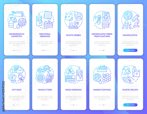 Microplastics sources onboarding mobile app page screen with concepts. Microplastic fibers from clothing walkthrough 10 steps graphic instructions. UI vector template with RGB color illustrations