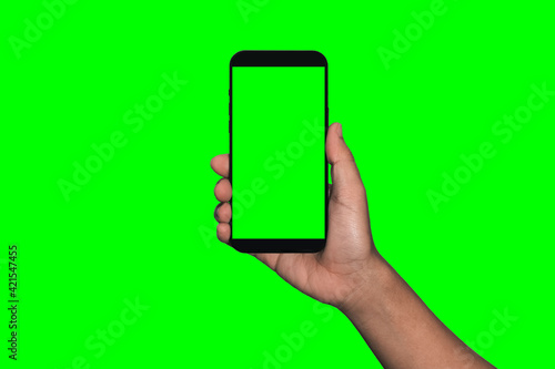 Smartphone frameless mockup. Studio shot of green screen smartphone with blank screen for Infographic Global Business web site design app, Content for technology - include clipping pat. 