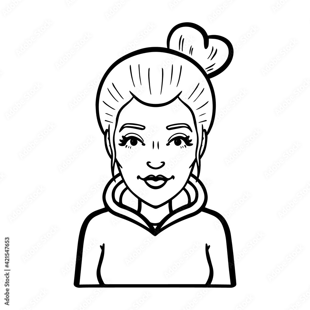 monochrome woman with hoodie and bun. comic, avatar, upper body, emotion. monochrome woman with hoodie and bun. comic, avatar, upper body, emotion.