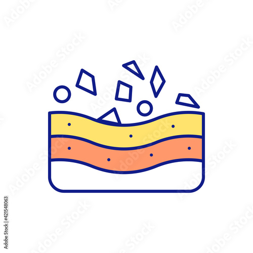 Subsidence of microplastics on the ocean floor RGB color icon. Microplastics source. Industrial abrasives. Nanoplastics. Plastic debris. Microbeads in cosmetics. Isolated vector illustration