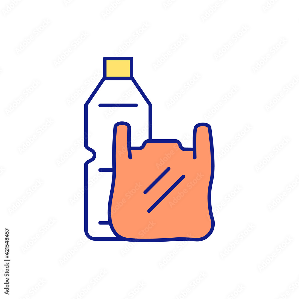 Plastic bottle and bag RGB color icon. Impact of harmful emissions on climate change. Lengthy decomposition process. Microplastics effect. The harm from plastic waste. Isolated vector illustration Plastic bottle and bag RGB color icon. Impact of harmful emissions on climate change. Lengthy decomposition process. Microplastics effect. The harm from plastic waste. Isolated vector illustration