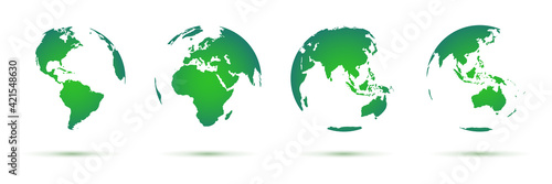 Earth planet with all green continents collection. Transparent spheres with land silhouettes, detailed world map. Planet protection concept vector illustration isolated on white background