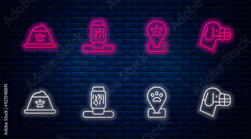 Set line Cat scratching post, Location pet grooming, Pet food bowl and Dog muzzle. Glowing neon icon on brick wall. Vector