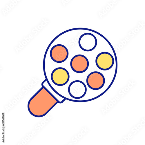 Particles under a magnifying glass RGB color icon. Microgranular contamination of plastic. Harm to nature. Harmful emissions into environment. Global warming. Isolated vector illustration