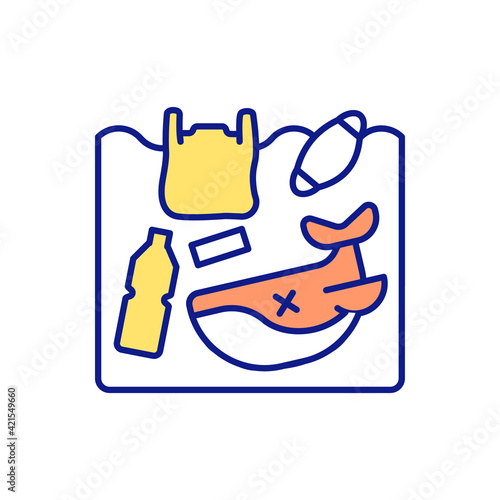Ocean pollution with plastic RGB color icon. Destruction of marine flora and fauna. Death of blue whales as result of presence of microplastics in the ocean. Isolated vector illustration