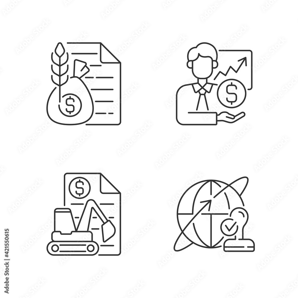 Vecteur Stock Intermediary services linear icons set. Commodity broker.  Sponsorship, stock trading. Equipment leasing. Customizable thin line  contour symbols. Isolated vector outline illustrations. Editable stroke |  Adobe Stock