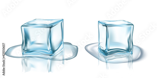 Blue melting ice cubes on white background. Cold frozen water in square shape vector illustration. Two realistic crystal block pieces for cocktails, refrigerator. Ice cubes with water