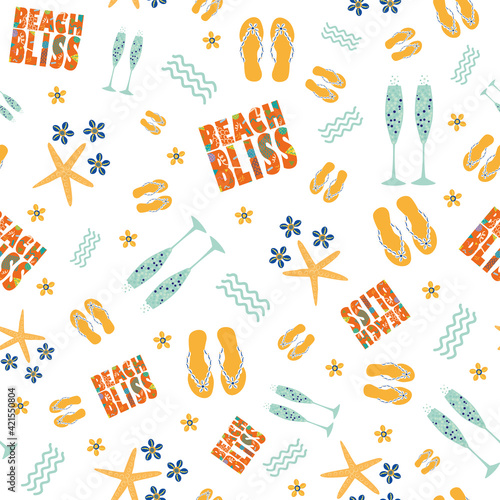 Beach bliss typography, champagne, flip flop vector seamless pattern background.Tropical color text, sandals, fizzing prosecco glasses, sea shells backdrop. Repeat for summer vacation seaside resort