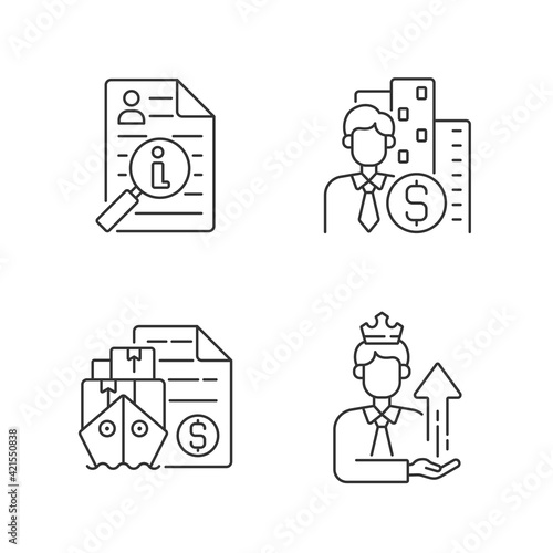 Brokerage linear icons set. Information broker. Corporate specialist on finance and commercial service. Customizable thin line contour symbols. Isolated vector outline illustrations. Editable stroke